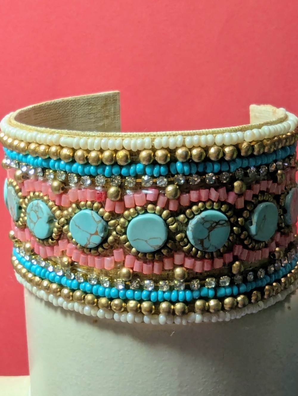 Bead & Crystal Embroidered Cuff bracelet Southwestern Art Nouveau style.
